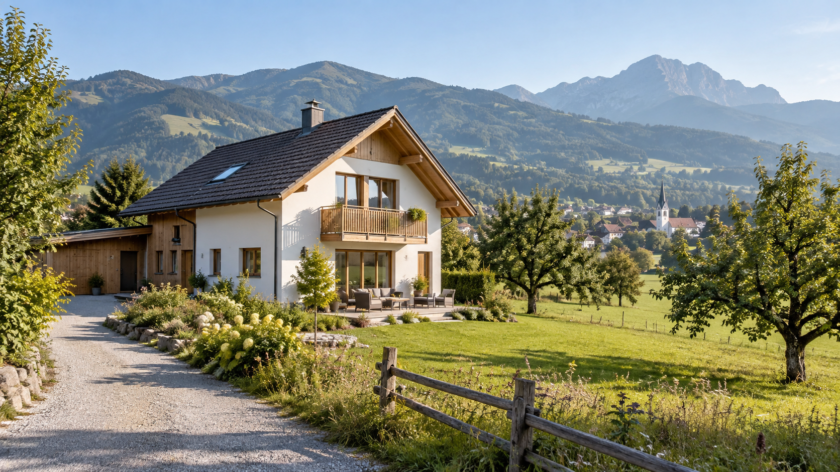 Österreichisches Wohnhaus mit Garten, Ort und alpinen Vorbergen