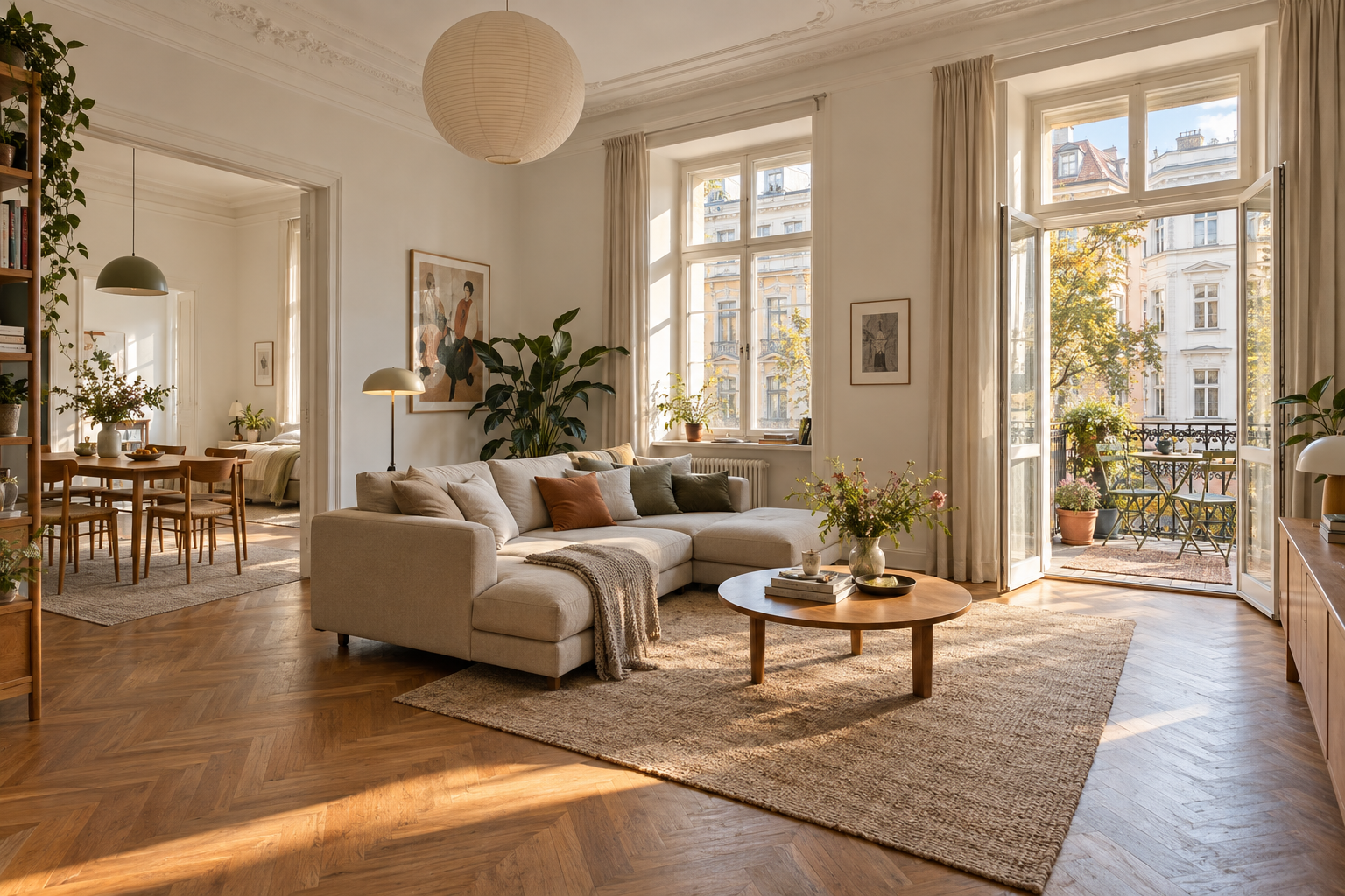 Helle Stadtwohnung mit hohen Fenstern, Wohnbereich und Balkon
